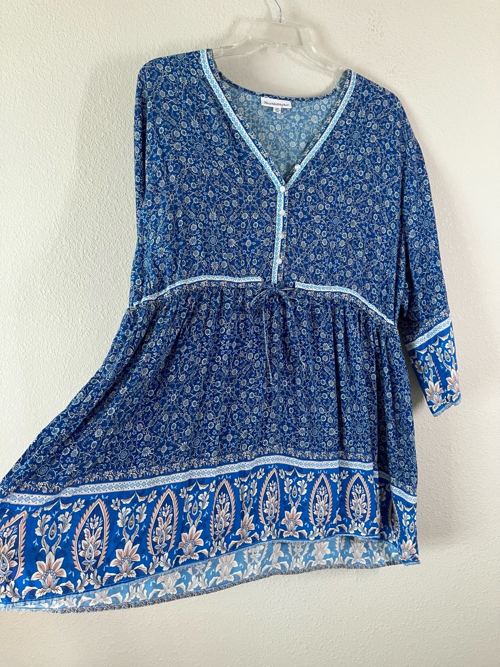 Plus Size Babydoll Peasant Tunic Dress 2X Ditsy Floral Boho Resort Festival Blue - Picture 6 of 10